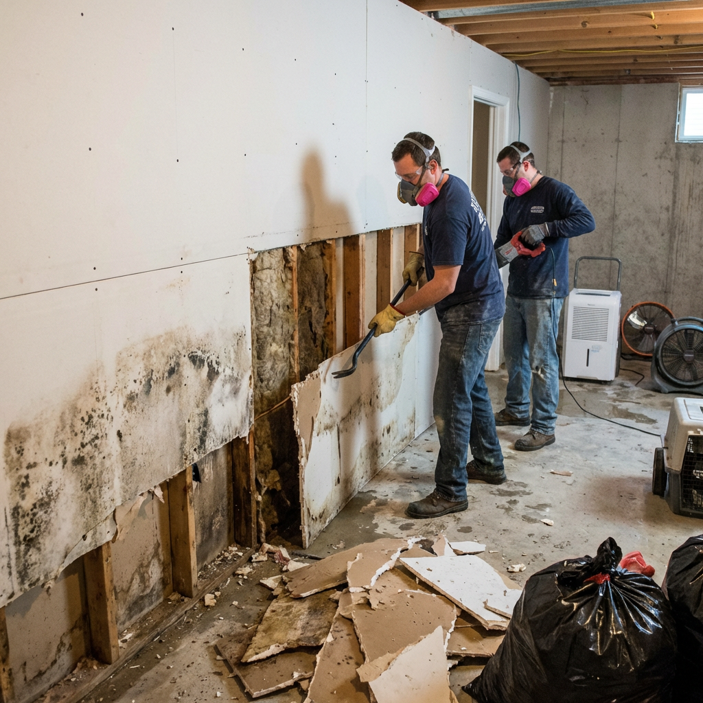 Workers replacing drywall after water damage